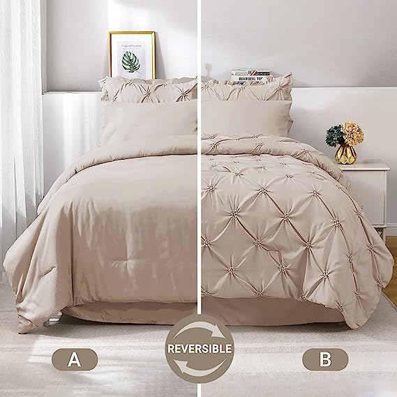 JOLLYVOGUE Comforter Set, Pintuck Beige Bed in a Bag Comforter Set for Bedroom, Bedding Comforter Sets with Comforter, Sheets, Bed Skirt, Ruffled Shams & Pillowcases