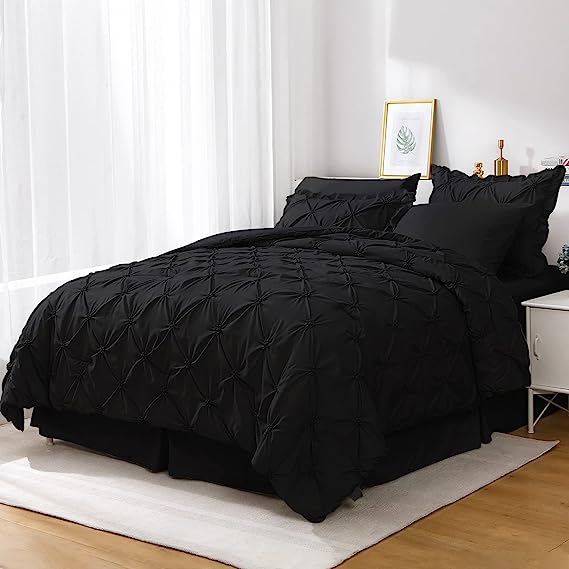 JOLLYVOGUE Comforter Set, Pintuck Black Bed in a Bag Comforter Set for Bedroom, Bedding Comforter Sets with Comforter, Sheets, Bed Skirt, Ruffled Shams & Pillowcases