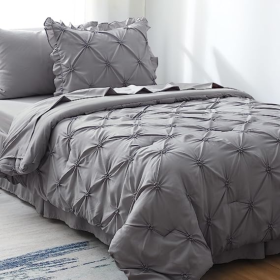 JOLLYVOGUE Gray Bed in a Bag Comforter Set for Bedroom, Pintuck Comforter Sets, Beddding Sets with Comforter, Sheets, Bed Skirt, Ruffled Shams & Pillowcases