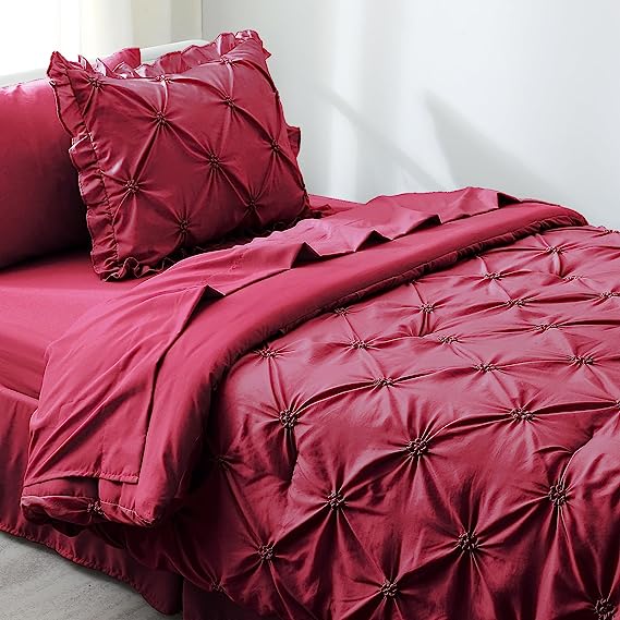 JOLLYVOGUE Comforter Set, Dark Red Bed in a Bag Comforter Set for Bedroom, Bedding Comforter Sets with Comforter, Sheets, Bed Skirt, Ruffled Shams & Pillowcases