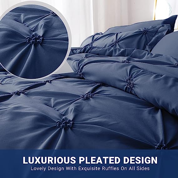 JOLLYVOGUE Comforter Set, Pintuck Navy Blue Bed in a Bag Comforter Set for Bedroom, Bedding Comforter Sets with Comforter, Sheets, Bed Skirt, Ruffled Shams & Pillowcases