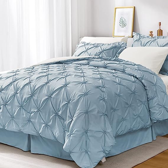 JOLLYVOGUE Comforter Set, Pintuck Light Blue/Ivory Bed in a Bag Comforter Set for Bedroom, Bedding Comforter Sets with Comforter, Sheets, Bed Skirt, Ruffled Shams & Pillowcases