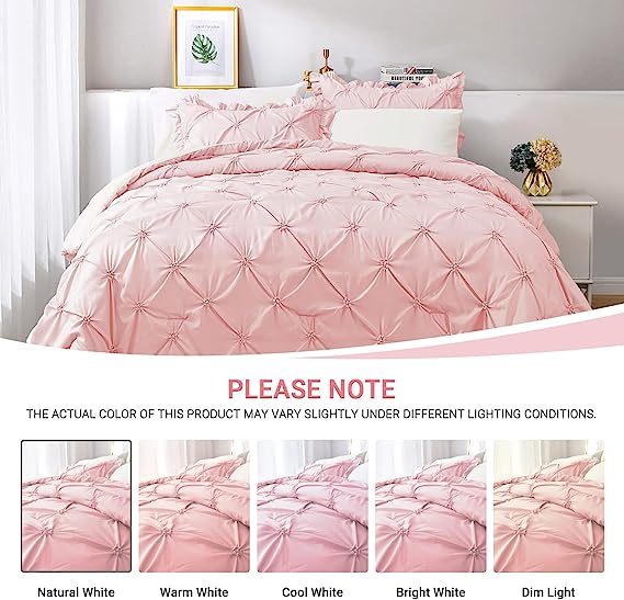 JOLLYVOGUE Comforter Set, Pink/Ivory Bed in a Bag Comforter Set for Bedroom, Bedding Comforter Sets with Comforter, Sheets, Bed Skirt, Ruffled Shams & Pillowcases