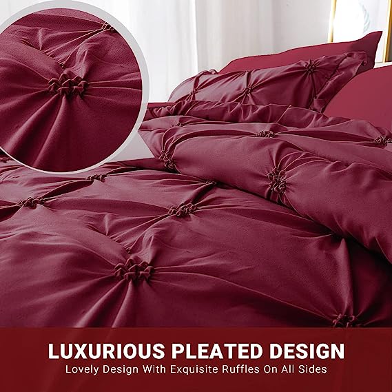 JOLLYVOGUE Comforter Set, Pintuck Dark Red/Black Bed in a Bag Comforter Set for Bedroom, Bedding Comforter Sets with Comforter, Sheets, Bed Skirt, Ruffled Shams & Pillowcases