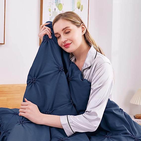 JOLLYVOGUE Comforter Set, Navy Blue/Gray Bed in a Bag Comforter Set for Bedroom, Bedding Comforter Sets with Comforter, Sheets, Bed Skirt, Ruffled Shams & Pillowcases