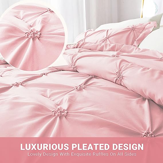 JOLLYVOGUE Comforter Set, Pink/Ivory Bed in a Bag Comforter Set for Bedroom, Bedding Comforter Sets with Comforter, Sheets, Bed Skirt, Ruffled Shams & Pillowcases