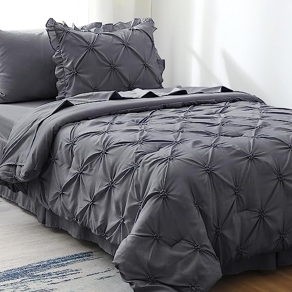 JOLLYVOGUE Comforter Set, Pintuck Dark Grey Bed in a Bag Comforter Set for Bedroom, Beddding Sets with Comforter, Sheets, Bed Skirt, Ruffled Shams & Pillowcases