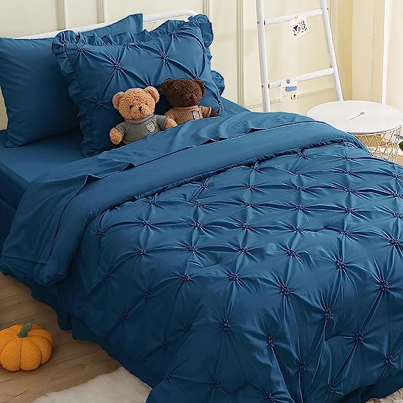 JOLLYVOGUE Comforter Set, Pintuck Teal Bed in a Bag Comforter Set for Bedroom, Bedding Comforter Sets with Comforter, Sheets, Bed Skirt, Ruffled Shams & Pillowcases