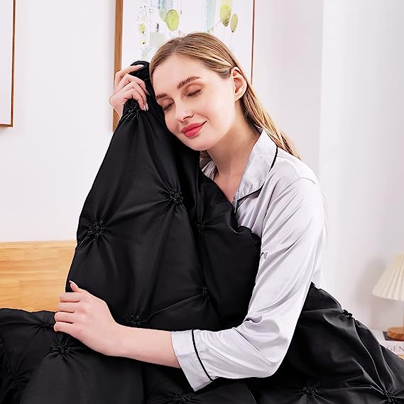 JOLLYVOGUE Comforter Set, Pintuck Black Bed in a Bag Comforter Set for Bedroom, Bedding Comforter Sets with Comforter, Sheets, Bed Skirt, Ruffled Shams & Pillowcases