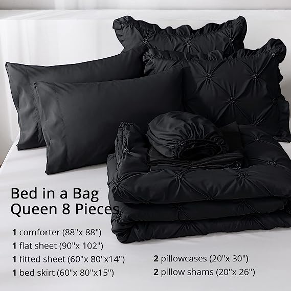 JOLLYVOGUE Comforter Set, Pintuck Black Bed in a Bag Comforter Set for Bedroom, Bedding Comforter Sets with Comforter, Sheets, Bed Skirt, Ruffled Shams & Pillowcases