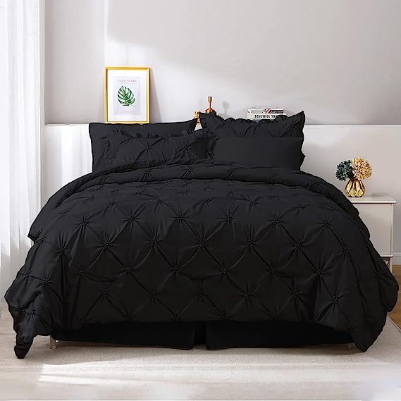 JOLLYVOGUE Comforter Set, Pintuck Black Bed in a Bag Comforter Set for Bedroom, Bedding Comforter Sets with Comforter, Sheets, Bed Skirt, Ruffled Shams & Pillowcases