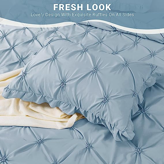 JOLLYVOGUE Comforter Set, Pintuck Light Blue/Ivory Bed in a Bag Comforter Set for Bedroom, Bedding Comforter Sets with Comforter, Sheets, Bed Skirt, Ruffled Shams & Pillowcases