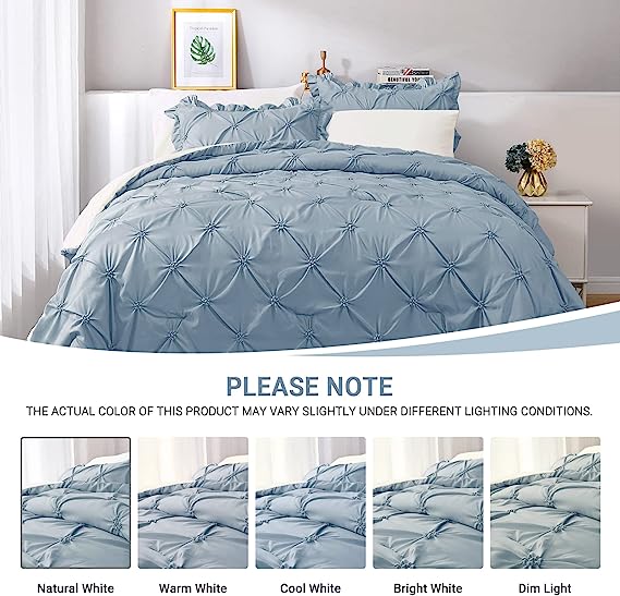JOLLYVOGUE Comforter Set, Pintuck Light Blue/Ivory Bed in a Bag Comforter Set for Bedroom, Bedding Comforter Sets with Comforter, Sheets, Bed Skirt, Ruffled Shams & Pillowcases