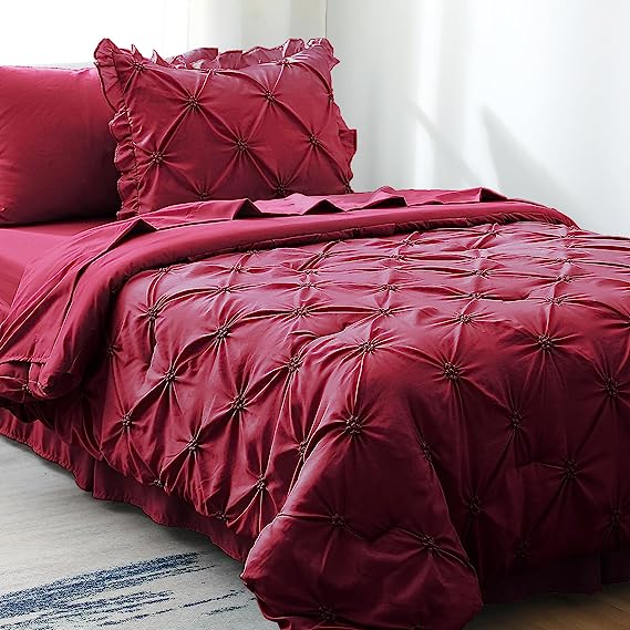 JOLLYVOGUE Comforter Set, Dark Red Bed in a Bag Comforter Set for Bedroom, Bedding Comforter Sets with Comforter, Sheets, Bed Skirt, Ruffled Shams & Pillowcases