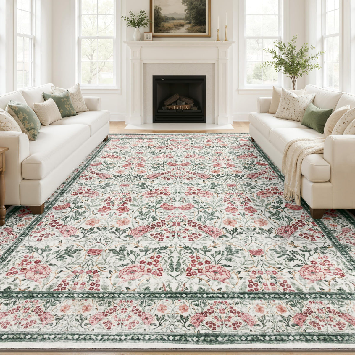 JOLLYVOGUE 6x9 Area Rug, Floral Washable Rug for Living Room, Beige/Blue