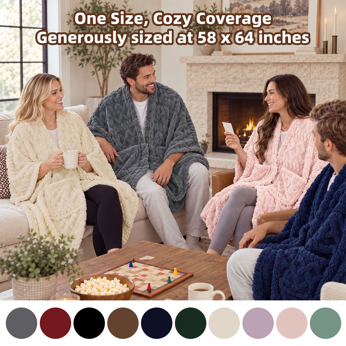 JOLLYVOGUE Wearable Blanket for Adults, Cozy Fleece Poncho with 2 Pockets