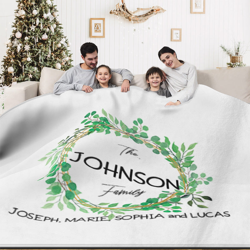 Giant Green Leaves Wreath Personalized Family Name Blanket