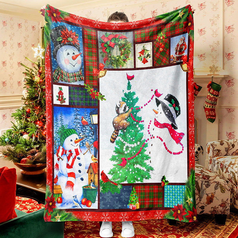 Snowman Raccoon Christmas Tree, Merry Christmas Gift Sherpa Fleece Blanket Snowman Quilt