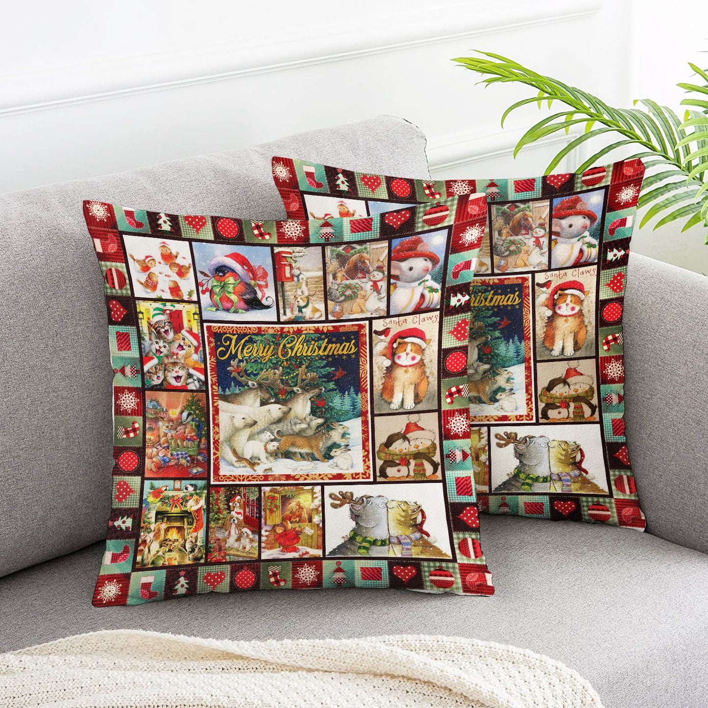 Merry Christmas Cute Animals Throw Pillow Cover 2pcs