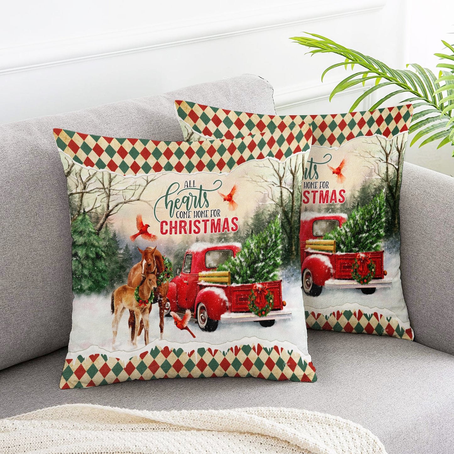 All hearts come home for Christmas Horse Red Truck Throw Pillow Cover 2pcs