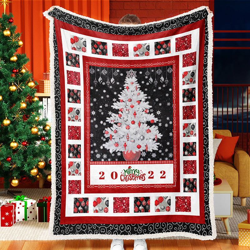 2022 Silver And White Christmas Tree Snowflake Balloon Stitching Merry Christmas Fleece Sherpa Blanket