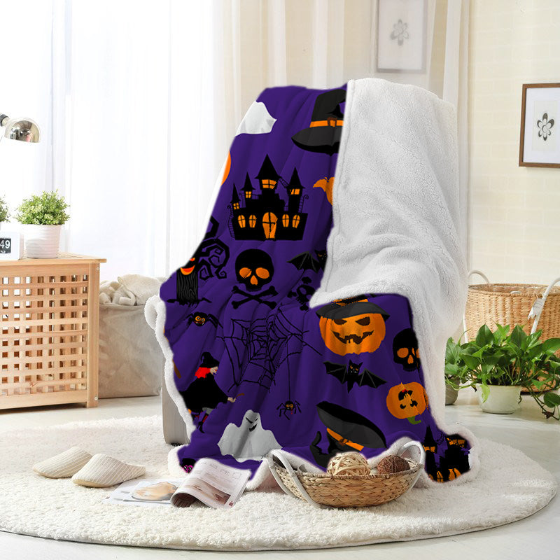 Halloween Pumpkin Black Castle Ghost Skeleton Purple Halloween Blanket