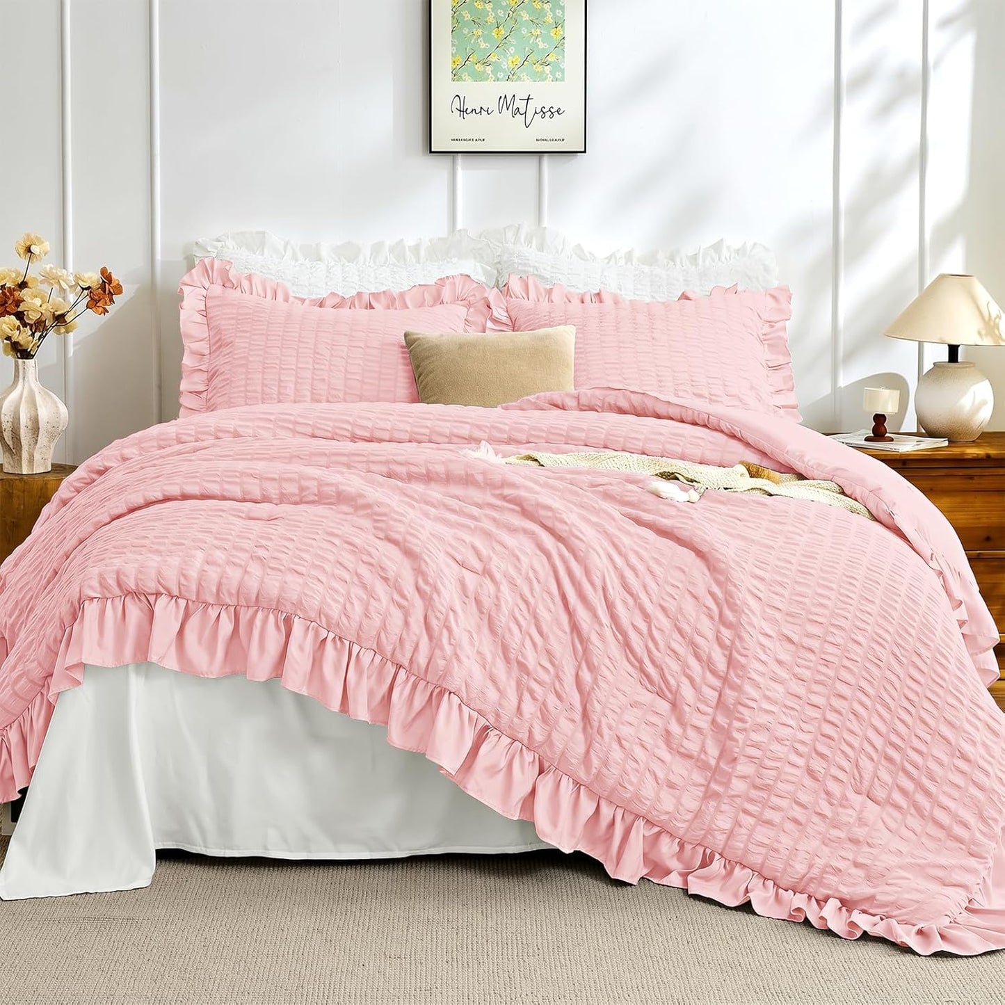 JOLLYVOGUE Comforter Set, 3 Pieces Seersucker Lightweight Oeko-TEX Certified Bedding Set, All Season Fluffy Microfiber Bedding Comforter Set with 1 Ruffle Comforter and 2 Ruffle Pillowshams