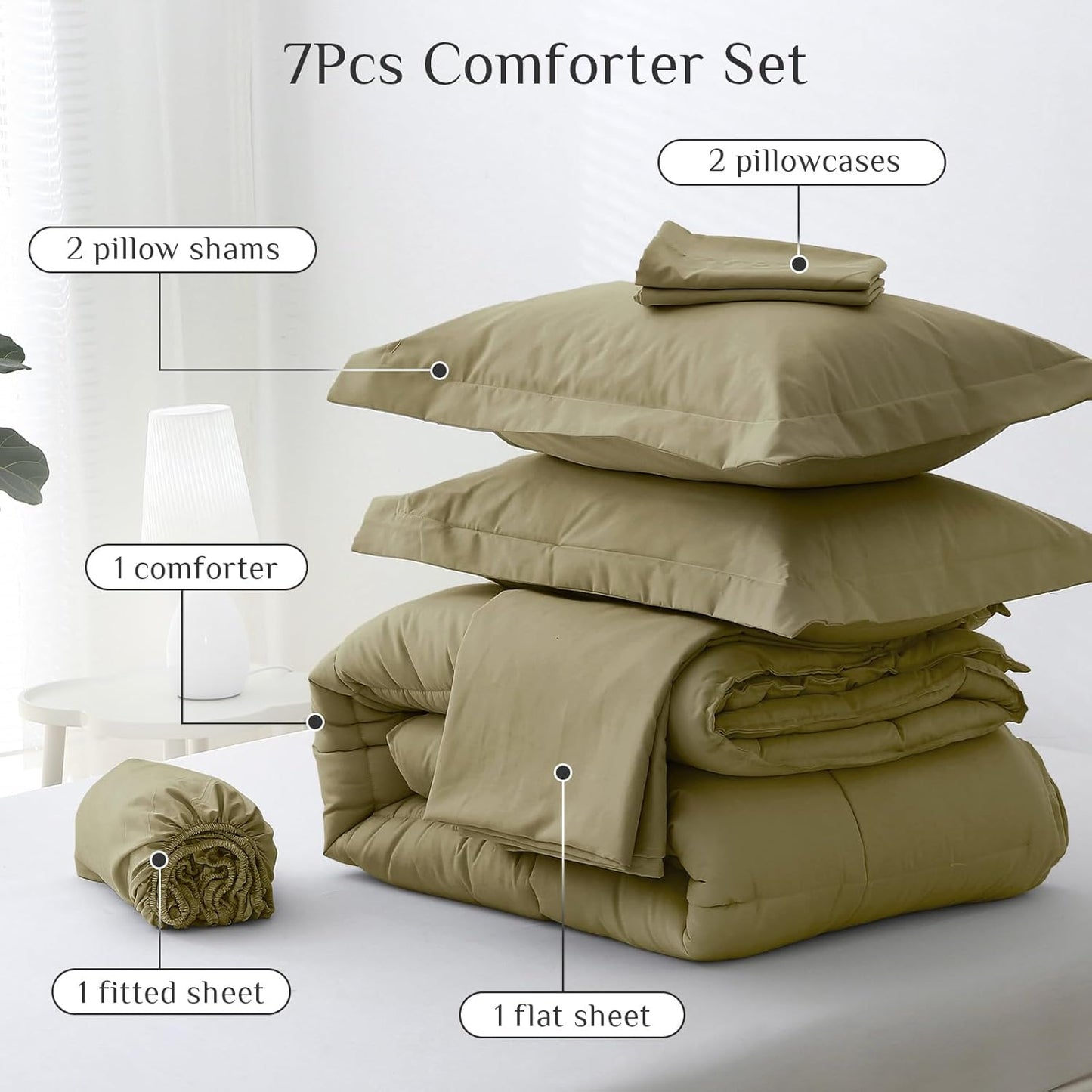 JOLLYVOGUE Bedding Comforter Set, Ultra-Soft Bed in a Bag 7 Pieces, Oeko-TEX Certified Bedding Set with Down Alternative Comforter, Sheets, Pillowcases & Shams
