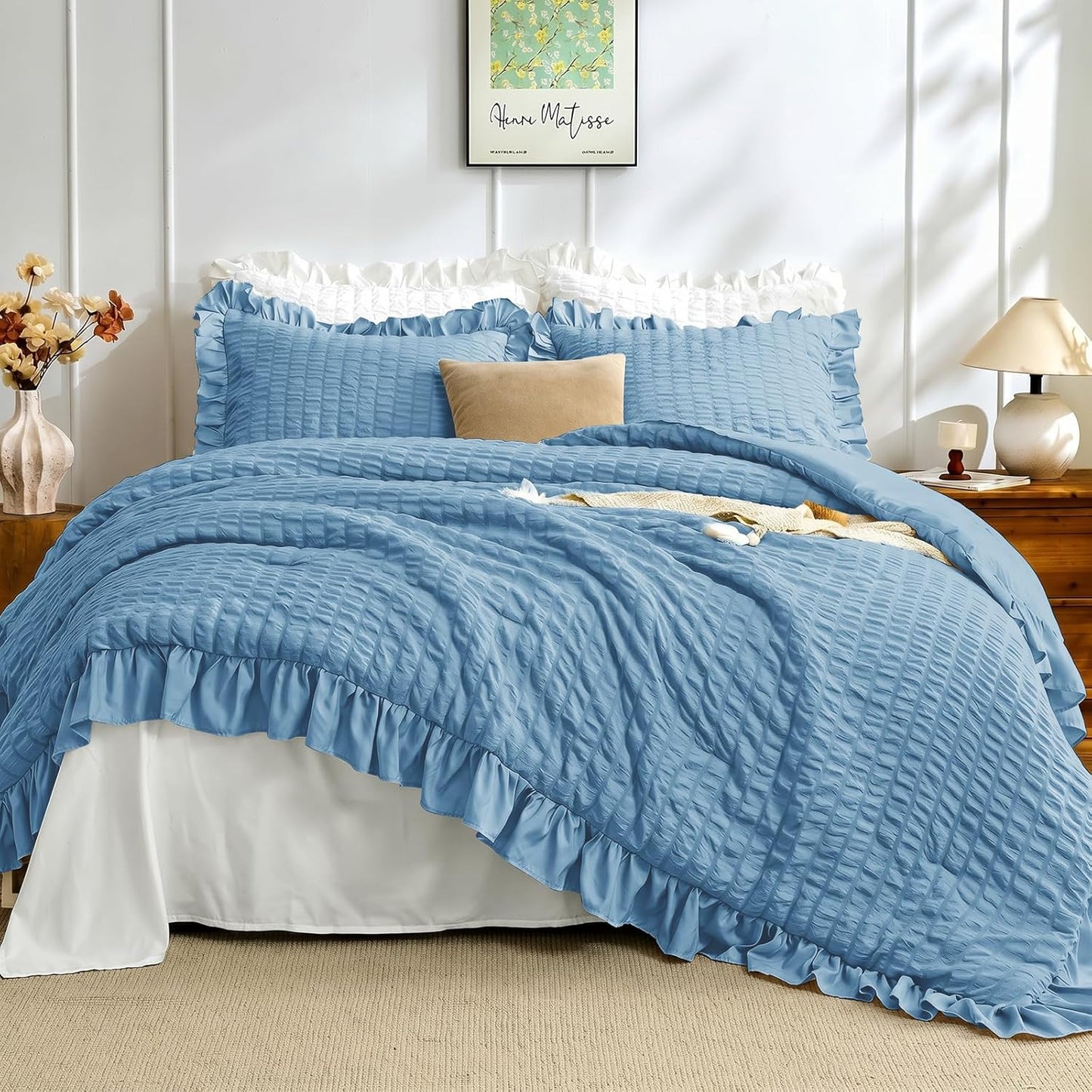 JOLLYVOGUE Comforter Set, 3 Pieces Seersucker Lightweight Oeko-TEX Certified Bedding Set, All Season Fluffy Microfiber Bedding Comforter Set with 1 Ruffle Comforter and 2 Ruffle Pillowshams
