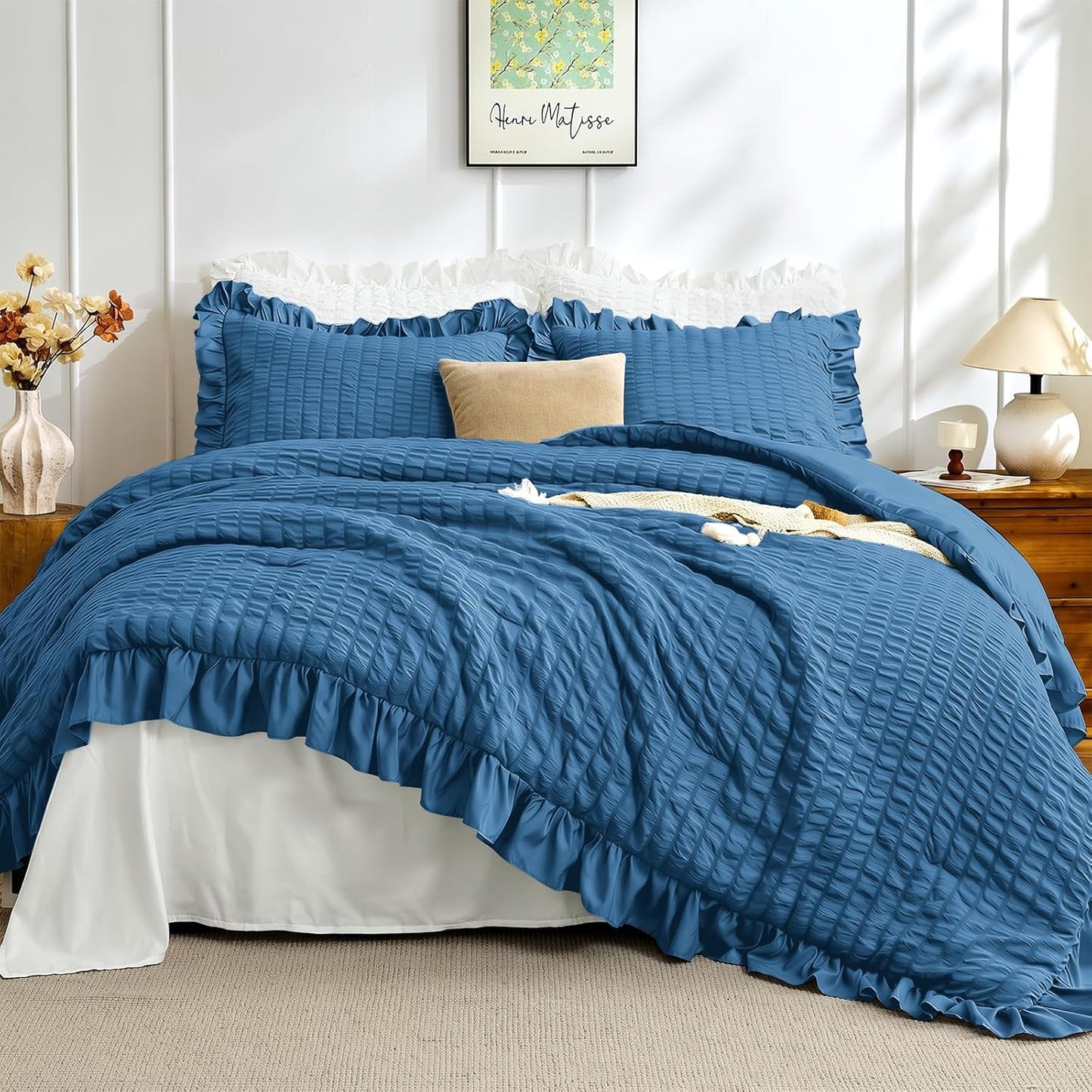 JOLLYVOGUE Comforter Set, 3 Pieces Seersucker Lightweight Oeko-TEX Certified Bedding Set, All Season Fluffy Microfiber Bedding Comforter Set with 1 Ruffle Comforter and 2 Ruffle Pillowshams