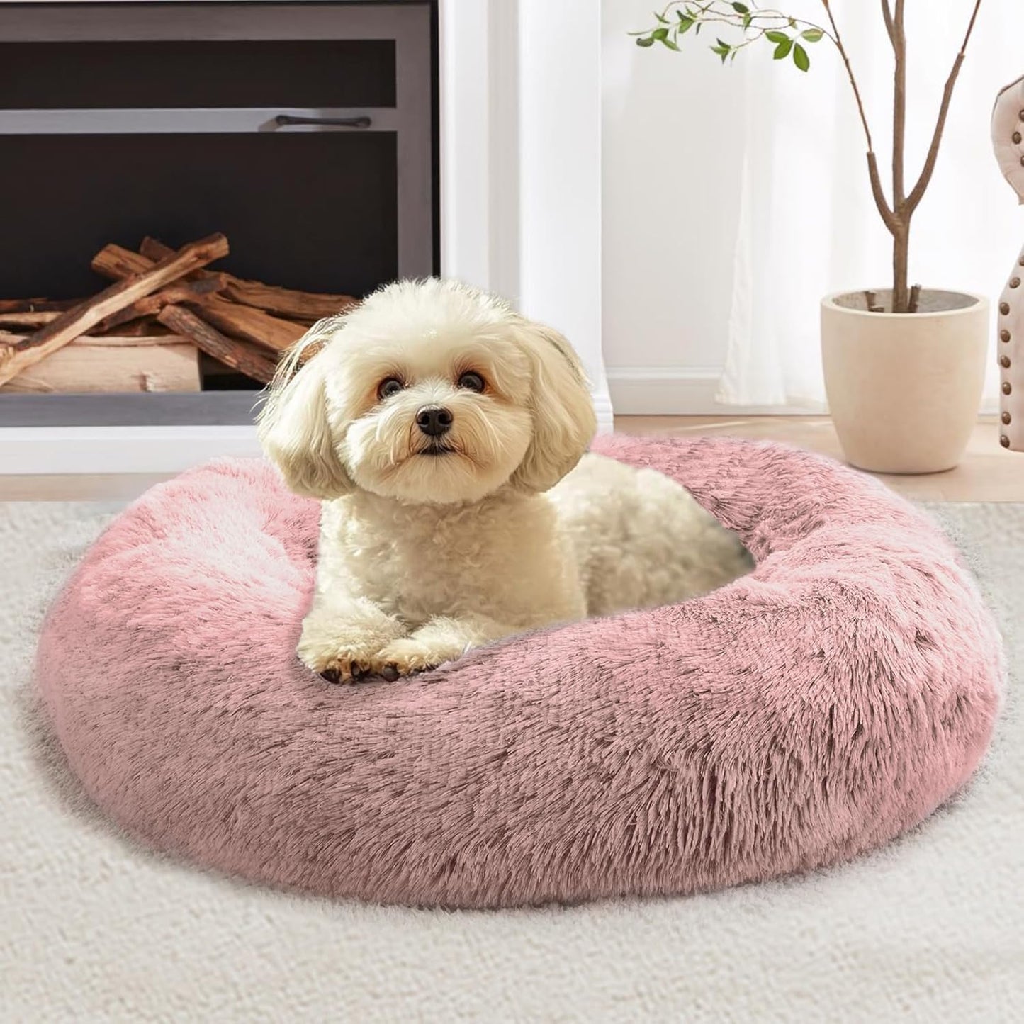 JOLLYVOGUE Dog Bed, Calming Dog Beds for Dogs & Indoor Cats - Donut Washable Cat Bed, Round Fluffy Plush Faux Fur Pet Beds