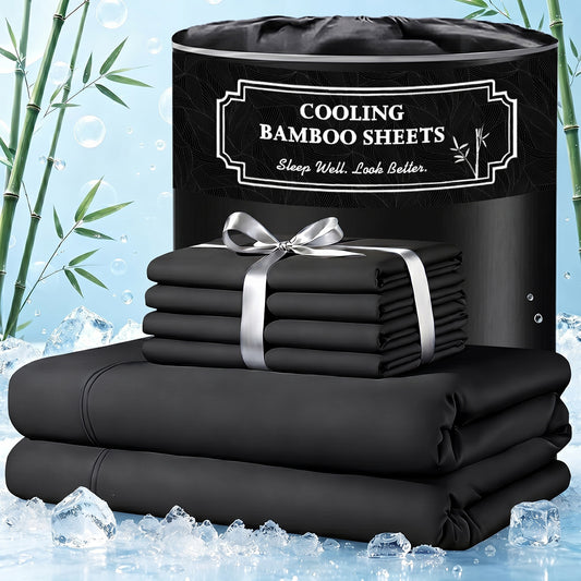 Jollyvogue 6PCS Bamboo Cooling Queen Size Sheet Set - Children Bedding Set, Breathable and Comfortable Fit For Hot Sleepers Sweats, Pillowcases, Flat Fitted A Perfect Gift