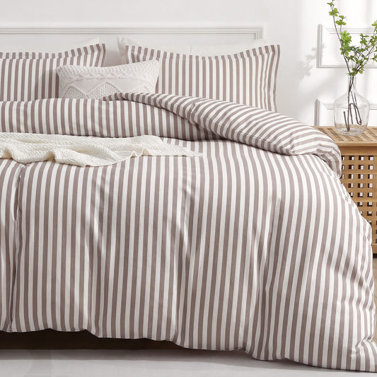 JOLLYVOGUE Queen Size Light Brown Vertical Striped Duvet Cover Set, 3 Pieces Soft Microfiber Bedding with Zipper Closure & 8 Corner Tie