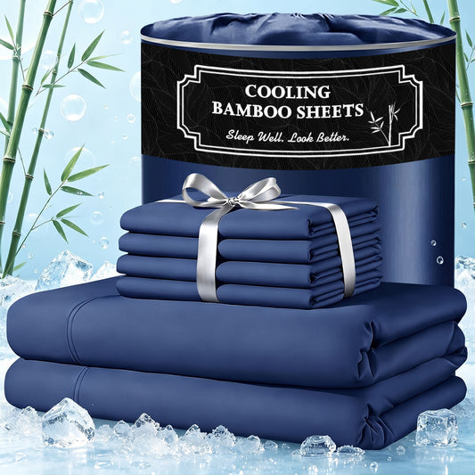 Jollyvogue Extra Deep Pocket Bamboo Sheets - 6 Pcs Breathable & Cooling Bed Sheet Set, Hotel Luxury Fitted Soft Wrinkle-Free For Mattresses, Room Decor, Twin/Full/Queen/King Size Pillowcase Sets,back to school,back to school shopping,home decor