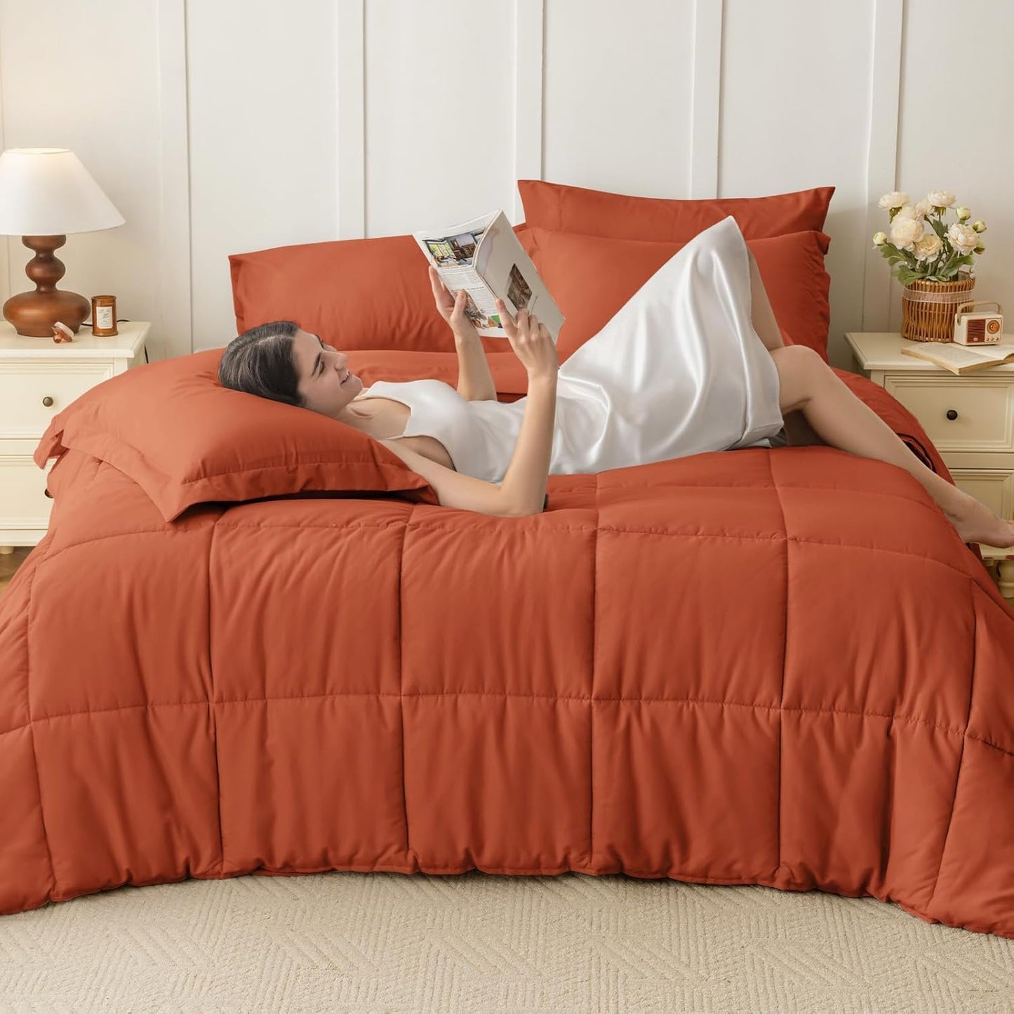 JOLLYVOGUE Bedding Comforter Set, Ultra-Soft Bed in a Bag 7 Pieces, Oeko-TEX Certified Bedding Set with Down Alternative Comforter, Sheets, Pillowcases & Shams