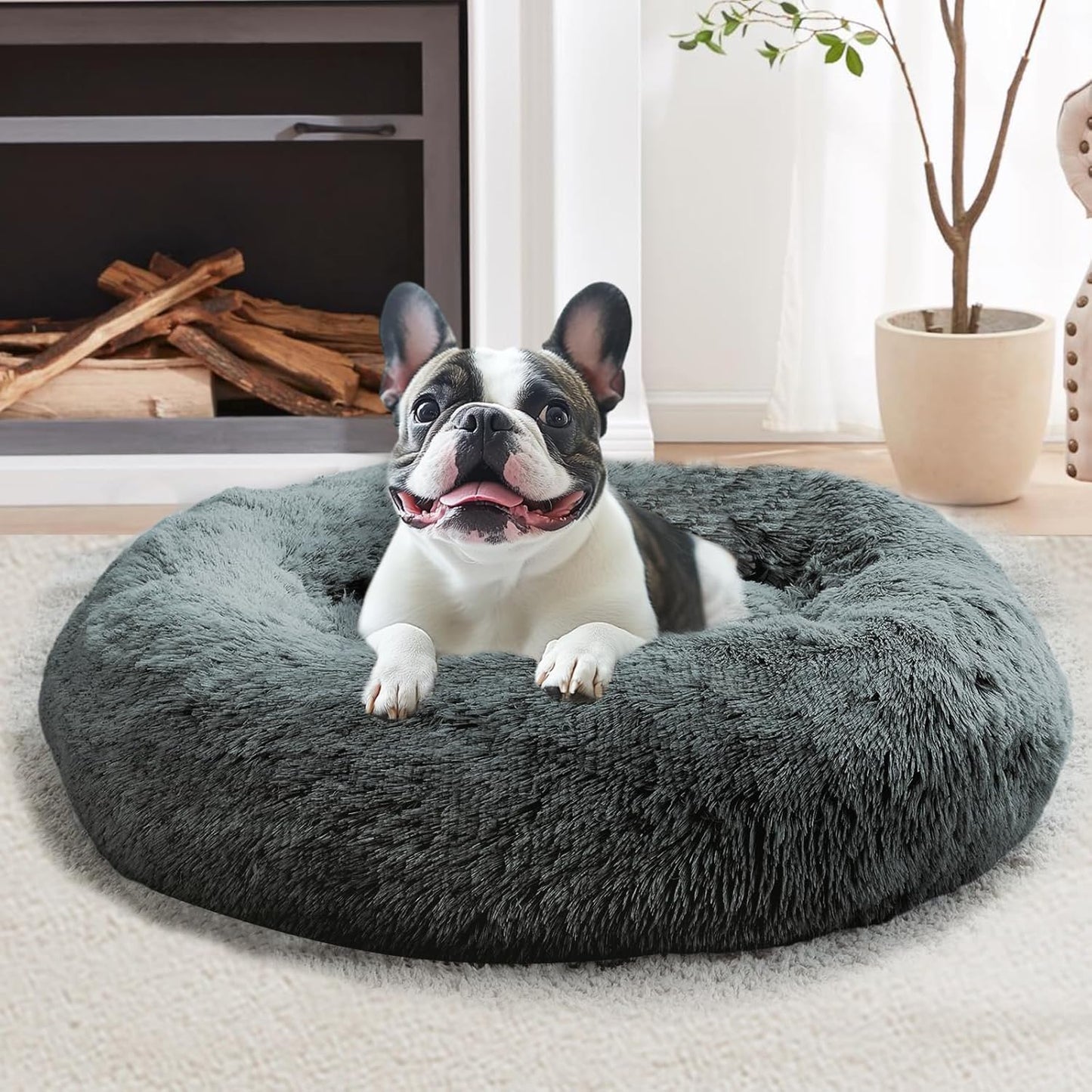 JOLLYVOGUE Dog Bed, Calming Dog Beds for Dogs & Indoor Cats - Donut Washable Cat Bed, Round Fluffy Plush Faux Fur Pet Beds