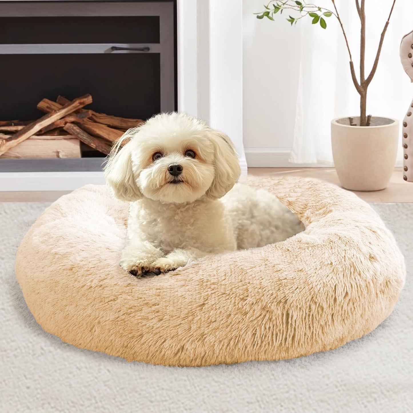JOLLYVOGUE Dog Bed, Calming Dog Beds for Dogs & Indoor Cats - Donut Washable Cat Bed, Round Fluffy Plush Faux Fur Pet Beds