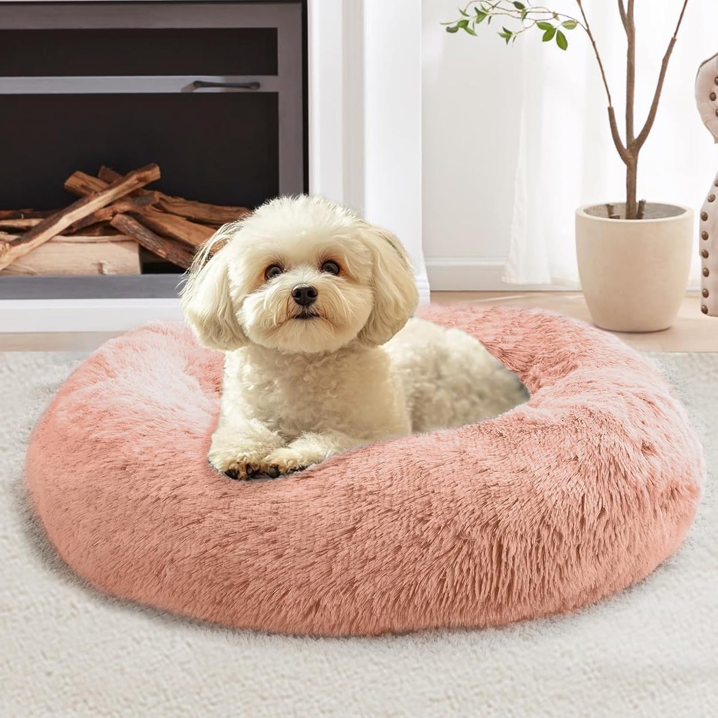 JOLLYVOGUE Dog Bed, Calming Dog Beds for Dogs & Indoor Cats - Donut Washable Cat Bed, Round Fluffy Plush Faux Fur Pet Beds
