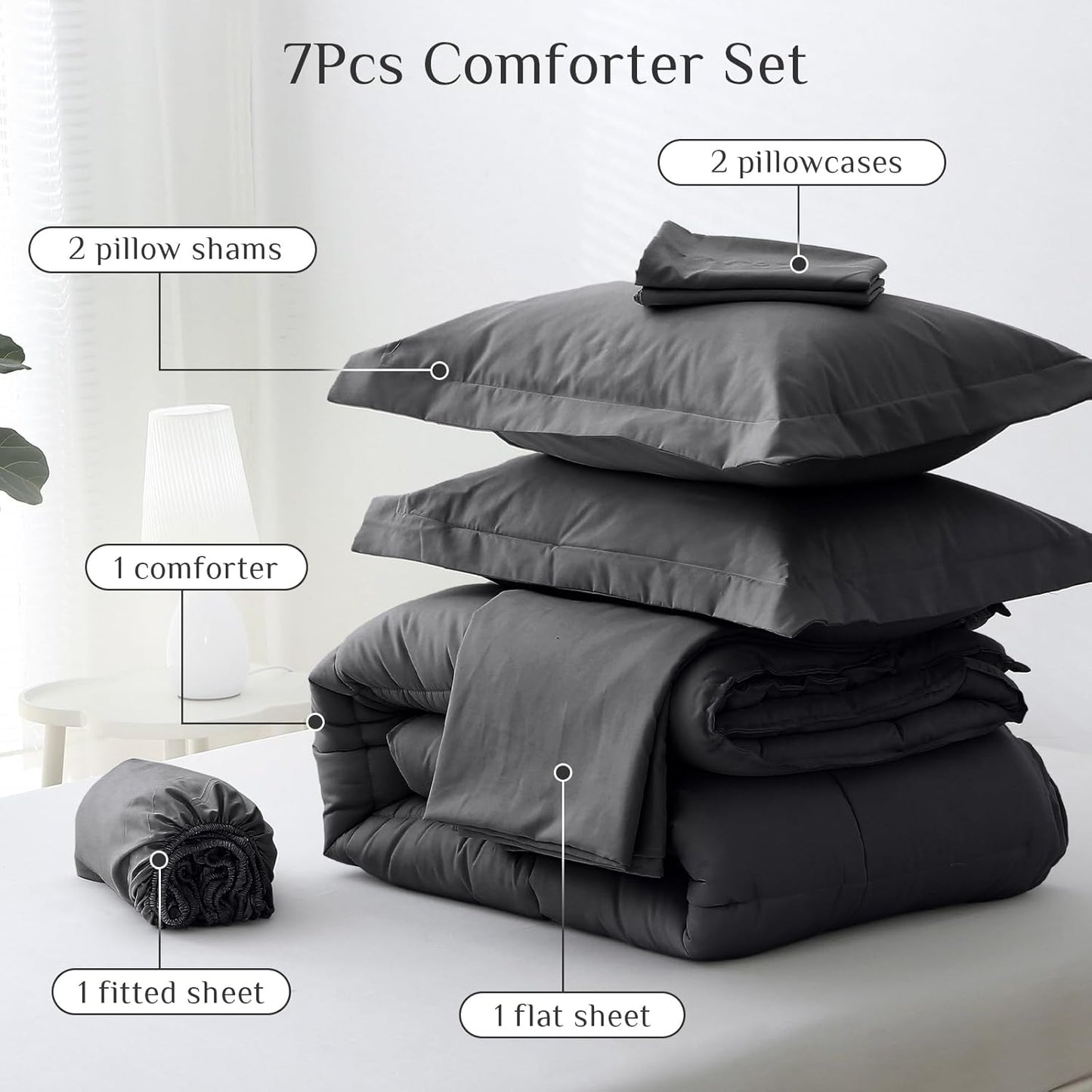JOLLYVOGUE Bedding Comforter Set, Ultra-Soft Bed in a Bag 7 Pieces, Oeko-TEX Certified Bedding Set with Down Alternative Comforter, Sheets, Pillowcases & Shams