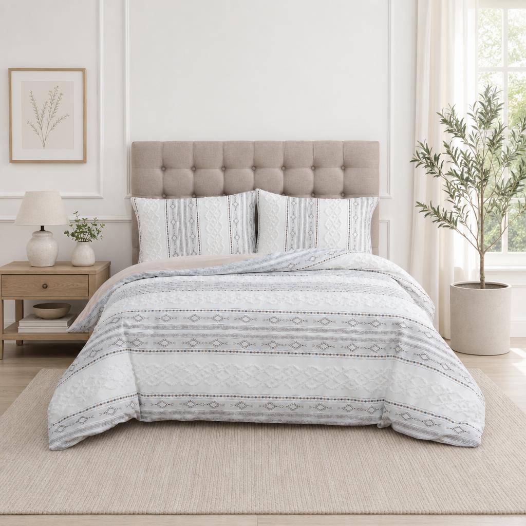 Jollyvogue Sahara Blush Queen Comforter Set 3-Piece, Boho Geometric Tribal Striped Bedding Set, Jacquard Comforter with 2 Pillow Shams, Soft Lightweight All Season Bed Set, Grey Peach White