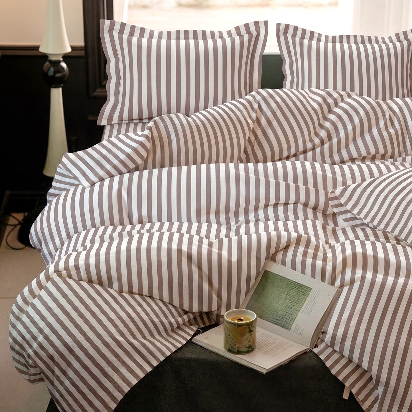 JOLLYVOGUE Queen Size Light Brown Vertical Striped Duvet Cover Set, 3 Pieces Soft Microfiber Bedding with Zipper Closure & 8 Corner Tie