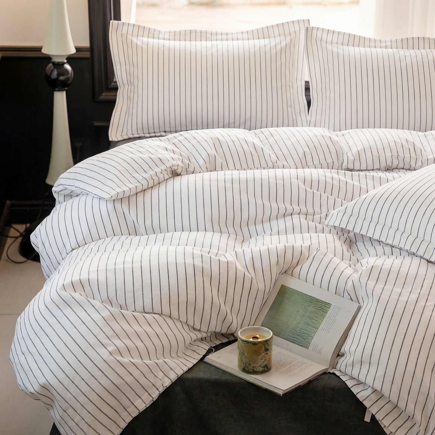 JOLLYVOGUE Queen Size Dark Gray Vertical Striped Duvet Cover Set, 3 Pieces Soft Microfiber Bedding with Zipper Closure & 8 Corner Tie