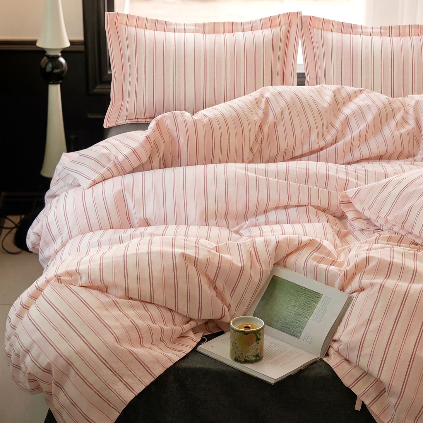 JOLLYVOGUE Queen Size Striped Duvet Cover Set, 3 Pieces Soft Microfiber Bedding with Zipper Closure & 8 Corner Ties