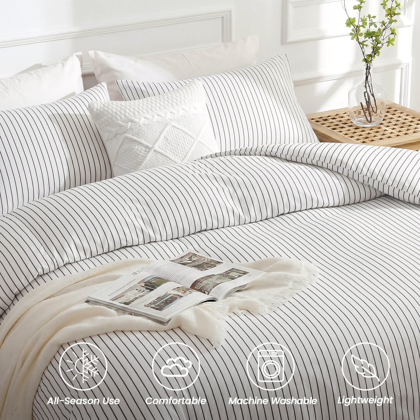 JOLLYVOGUE Queen Size Dark Gray Vertical Striped Duvet Cover Set, 3 Pieces Soft Microfiber Bedding with Zipper Closure & 8 Corner Tie