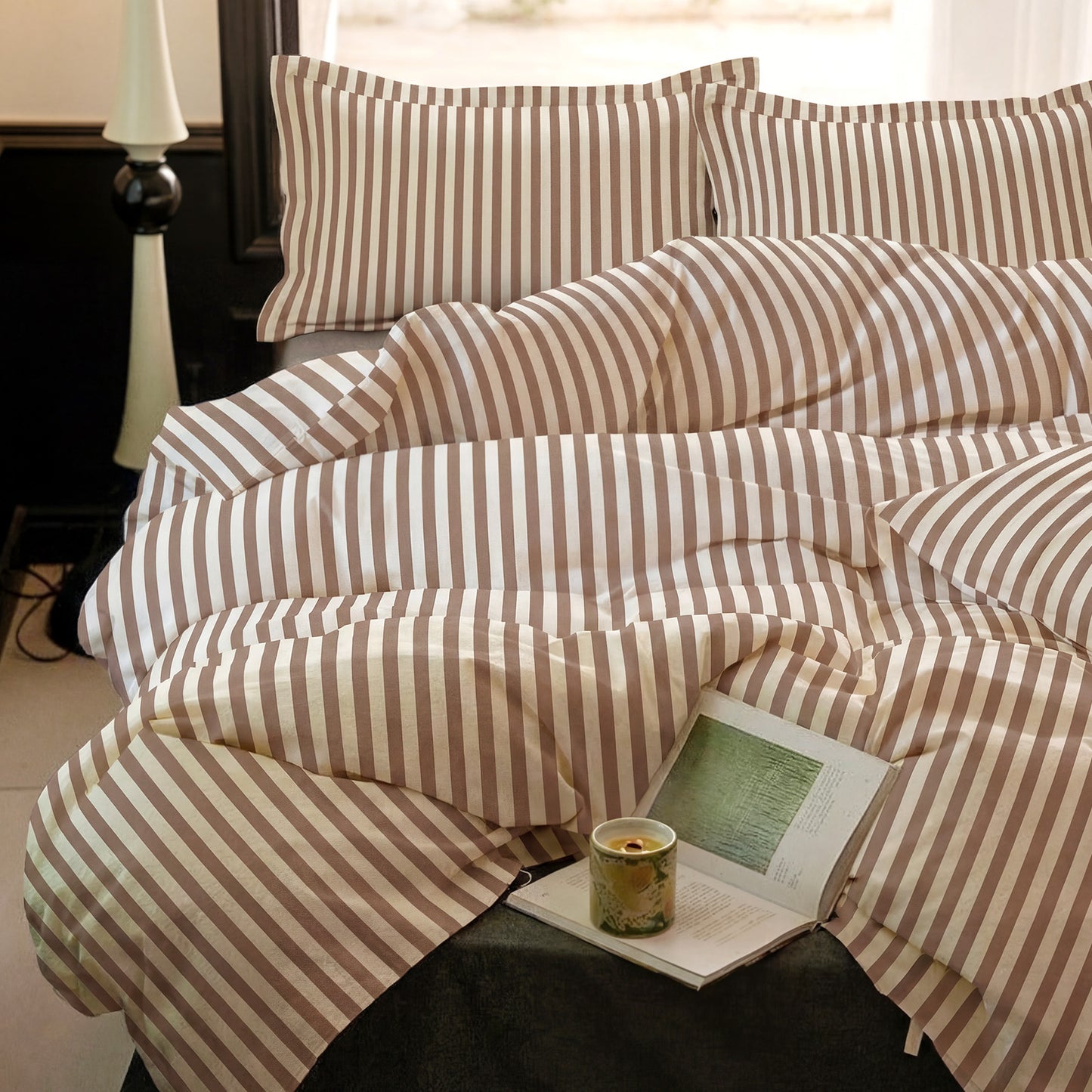 JOLLYVOGUE Queen Size Striped Duvet Cover Set, 3 Pieces Soft Microfiber Bedding with Zipper Closure & 8 Corner Ties