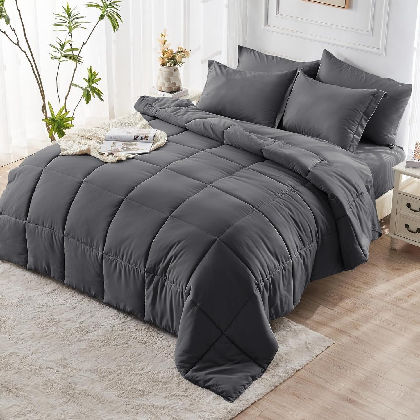 JOLLYVOGUE Bedding Comforter Set, Ultra-Soft Bed in a Bag 7 Pieces, Oeko-TEX Certified Bedding Set with Down Alternative Comforter, Sheets, Pillowcases & Shams
