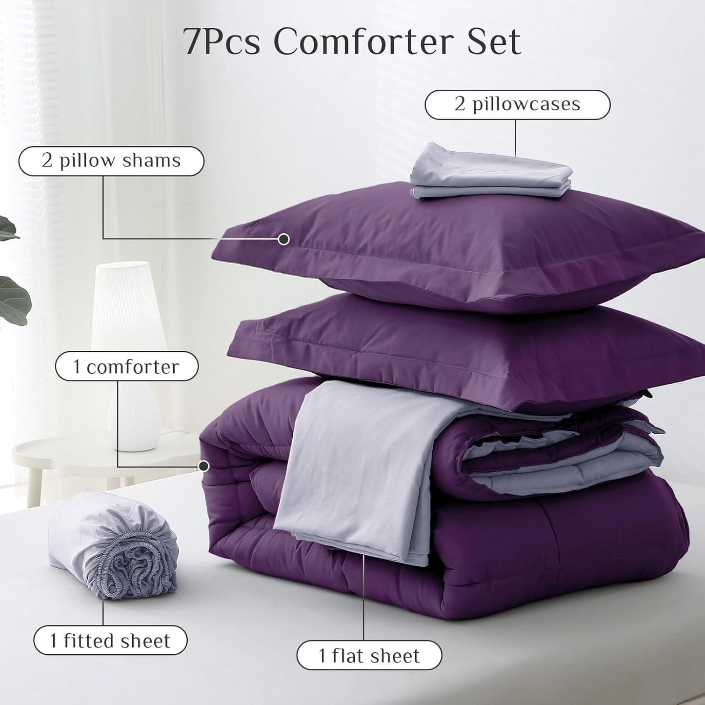 JOLLYVOGUE Bedding Comforter Set, Ultra-Soft Bed in a Bag 7 Pieces, Oeko-TEX Certified Bedding Set with Down Alternative Comforter, Sheets, Pillowcases & Shams