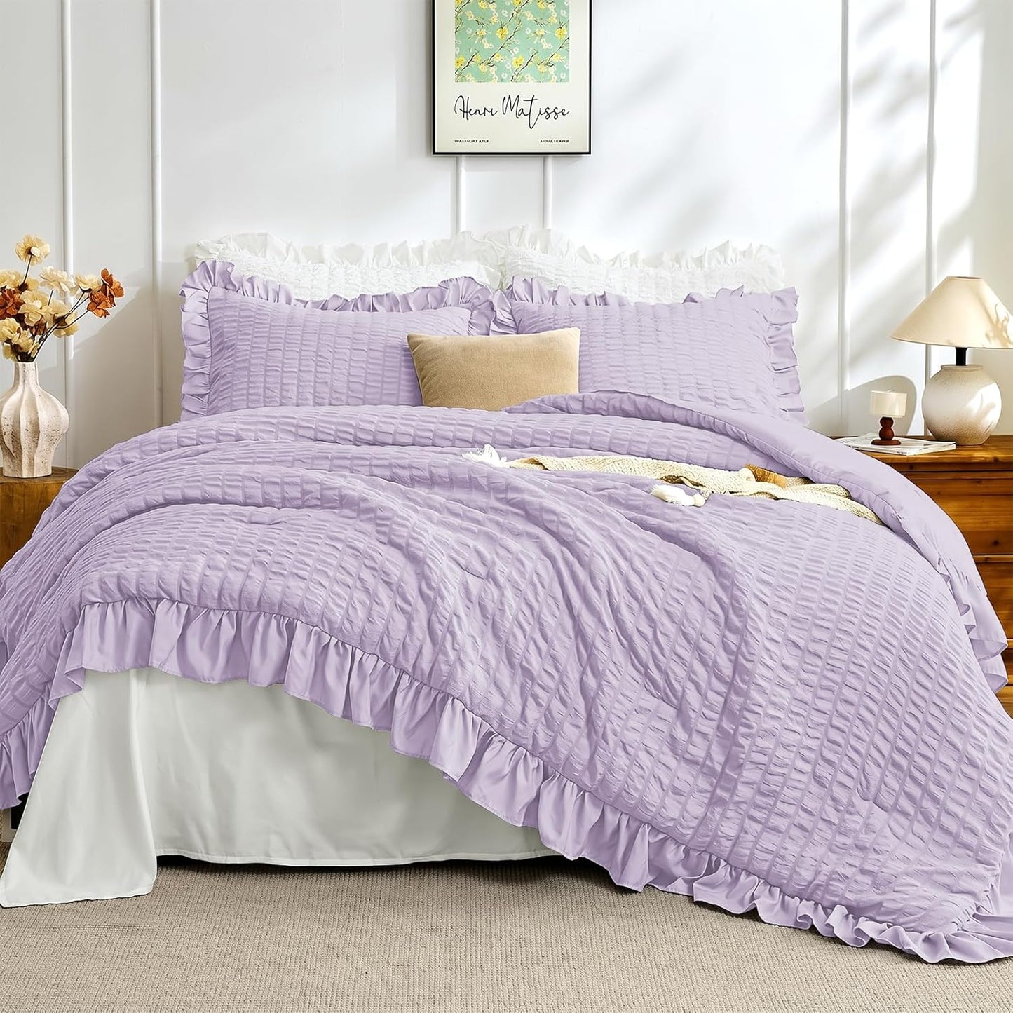JOLLYVOGUE Comforter Set, 3 Pieces Seersucker Lightweight Oeko-TEX Certified Bedding Set, All Season Fluffy Microfiber Bedding Comforter Set with 1 Ruffle Comforter and 2 Ruffle Pillowshams