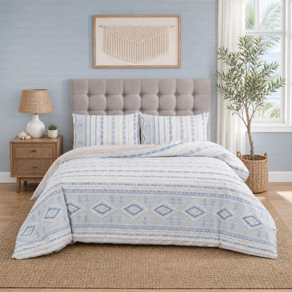 Jollyvogue Sahara Blush Queen Comforter Set 3-Piece, Boho Geometric Tribal Striped Bedding Set, Jacquard Comforter with 2 Pillow Shams, Soft Lightweight All Season Bed Set, Grey Peach White