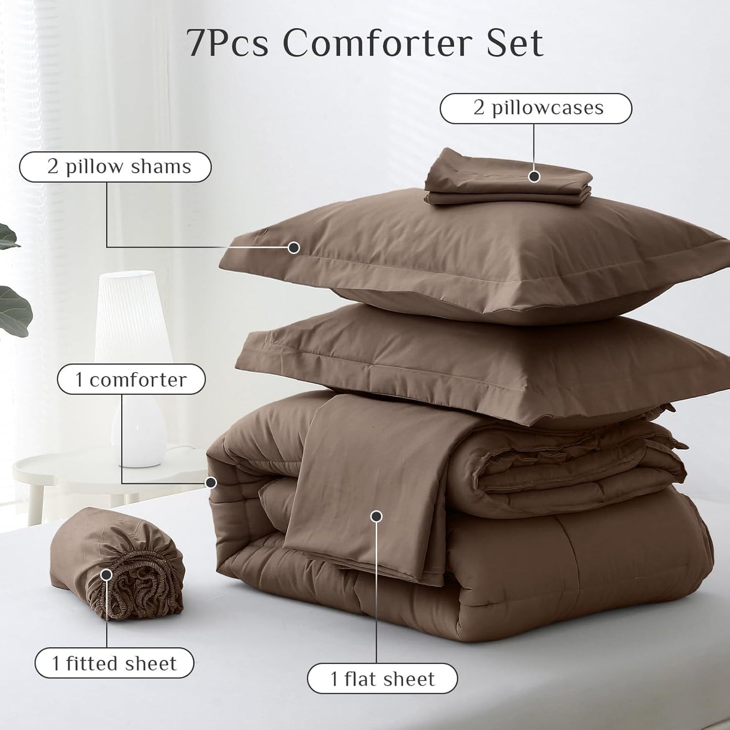 JOLLYVOGUE Bedding Comforter Set, Ultra-Soft Bed in a Bag 7 Pieces, Oeko-TEX Certified Bedding Set with Down Alternative Comforter, Sheets, Pillowcases & Shams